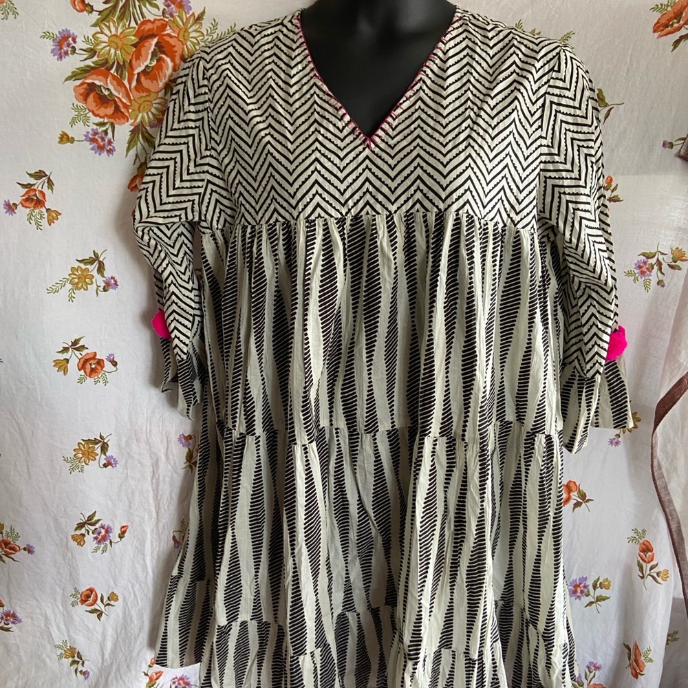 Black and White Chevron Dress w/hot pink Pom Poms Boho Whimsical Coquette